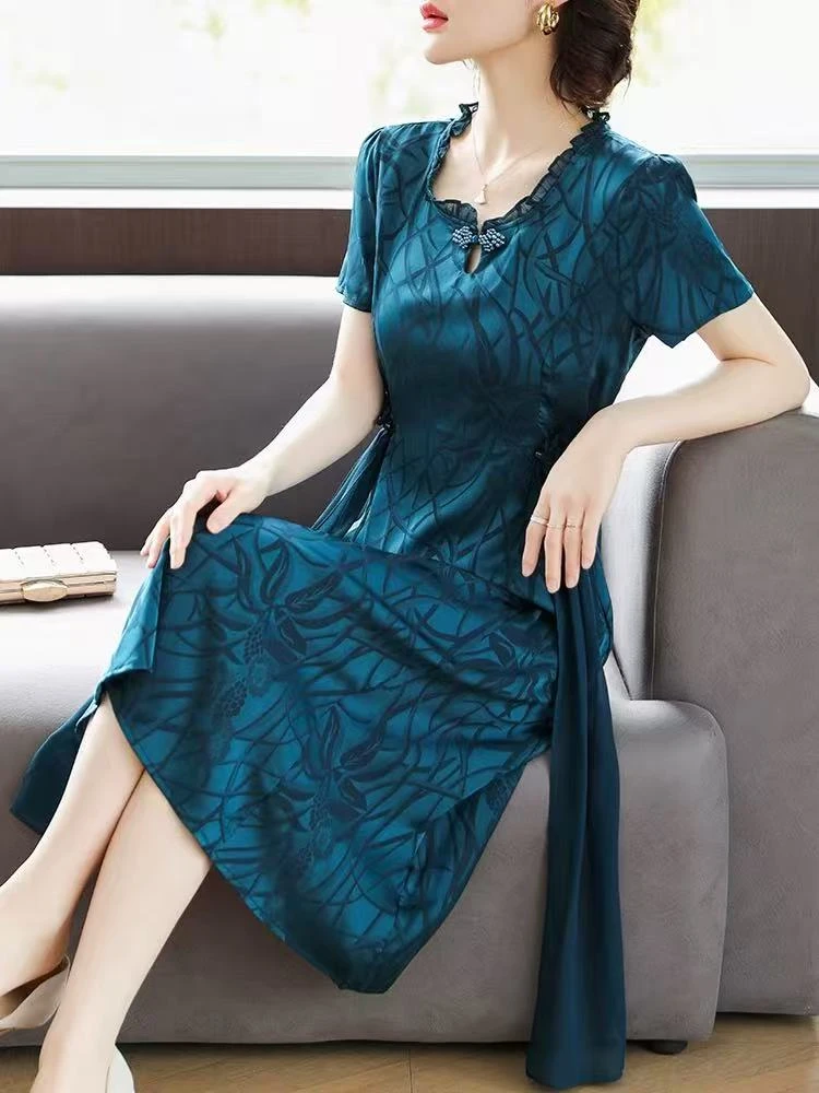 【W2672绿色国风】时尚优雅百搭洋气款夏季短袖中长款裙