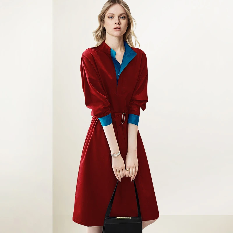 红色气质立领撞色连衣裙女2025年秋装新款优雅收腰显瘦长袖A字裙