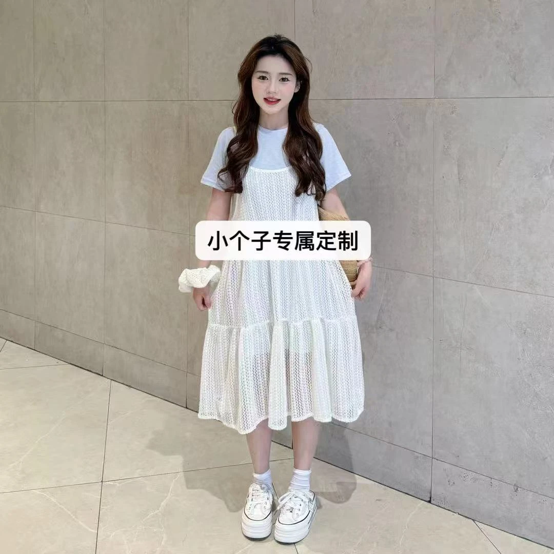 小个子定制甜美套装气质蕾丝白色吊带裙叠穿短袖T恤配发圈三件套