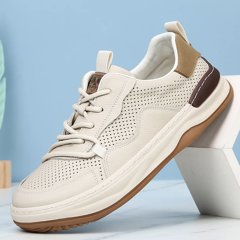 小白鞋男2025夏季新款头层牛皮镂空透气真皮休闲皮鞋百搭防滑男鞋
