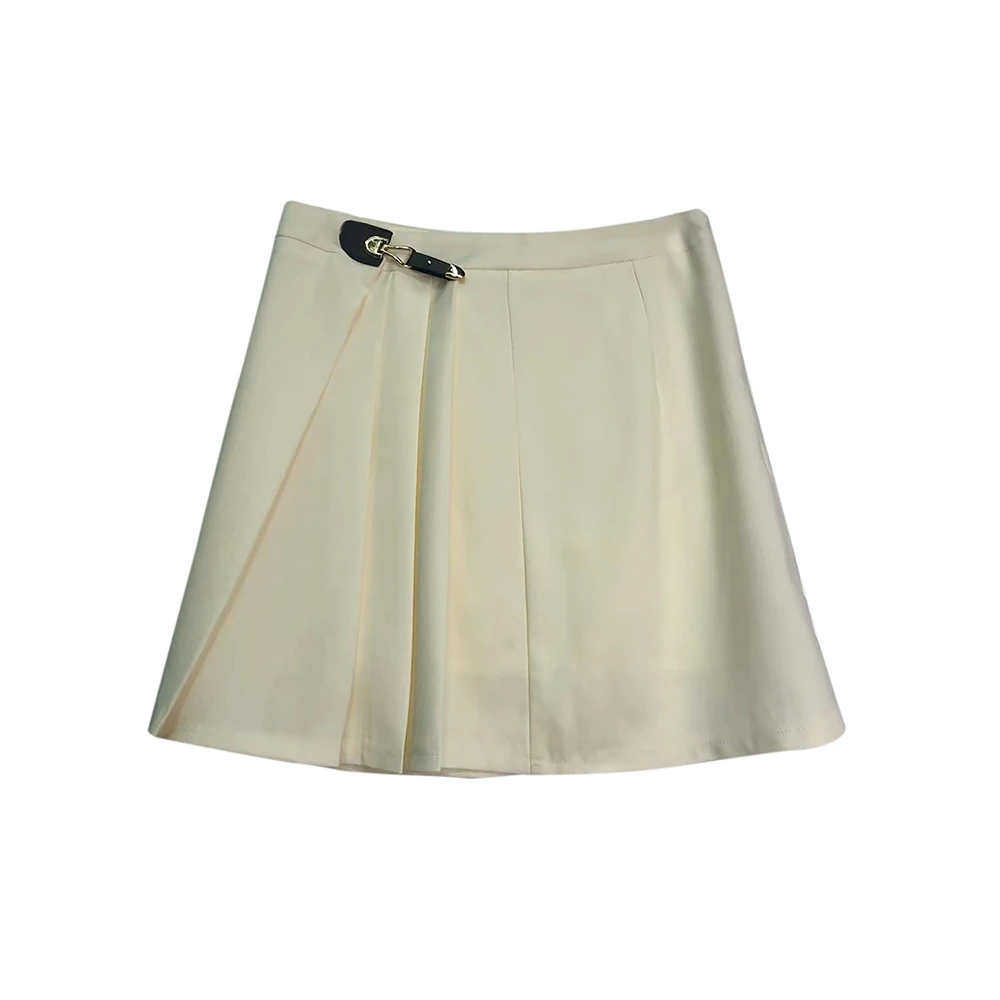 E1805【新款】时尚休闲小众设计感金属装饰米白色短裙