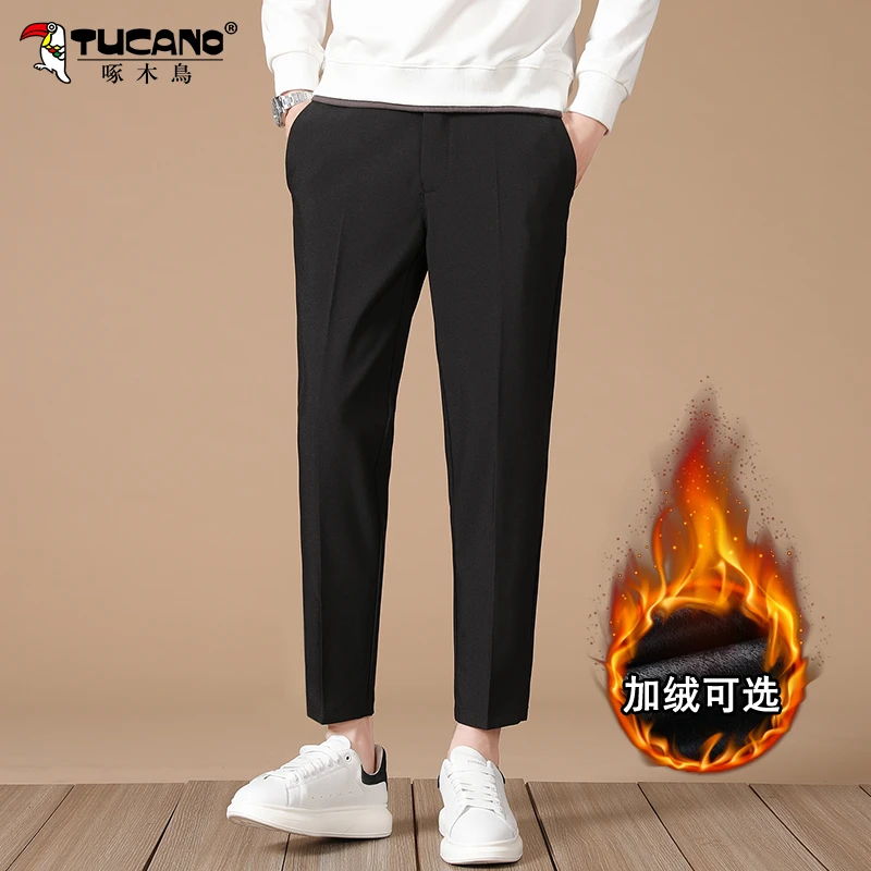 啄木鸟垂感休闲西裤男士秋冬季加绒加厚款微锥九分裤直筒西装裤子