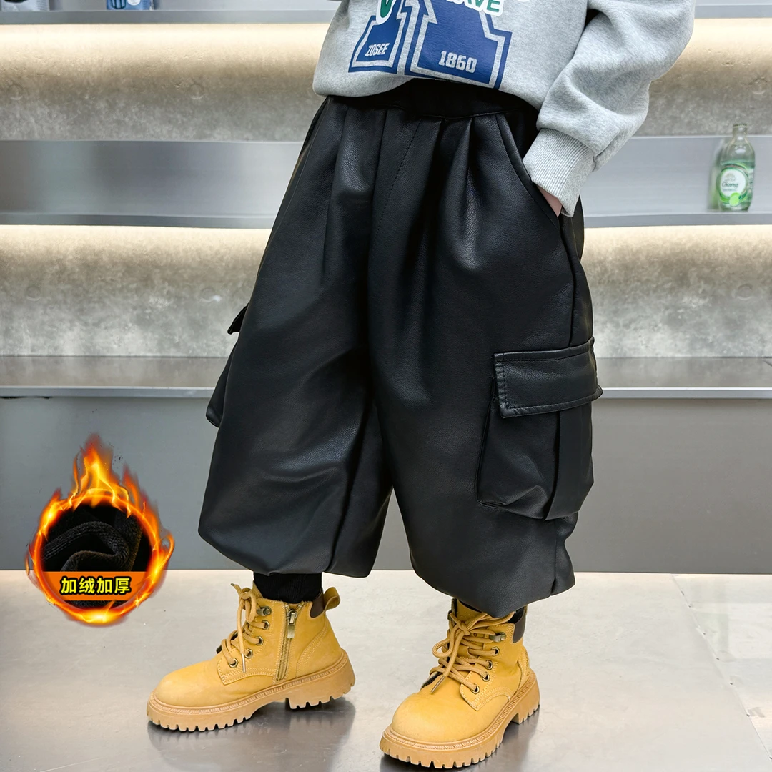 痞帅男童加绒皮裤2025新款宝宝一体绒加厚长裤儿童秋冬工装裤子潮