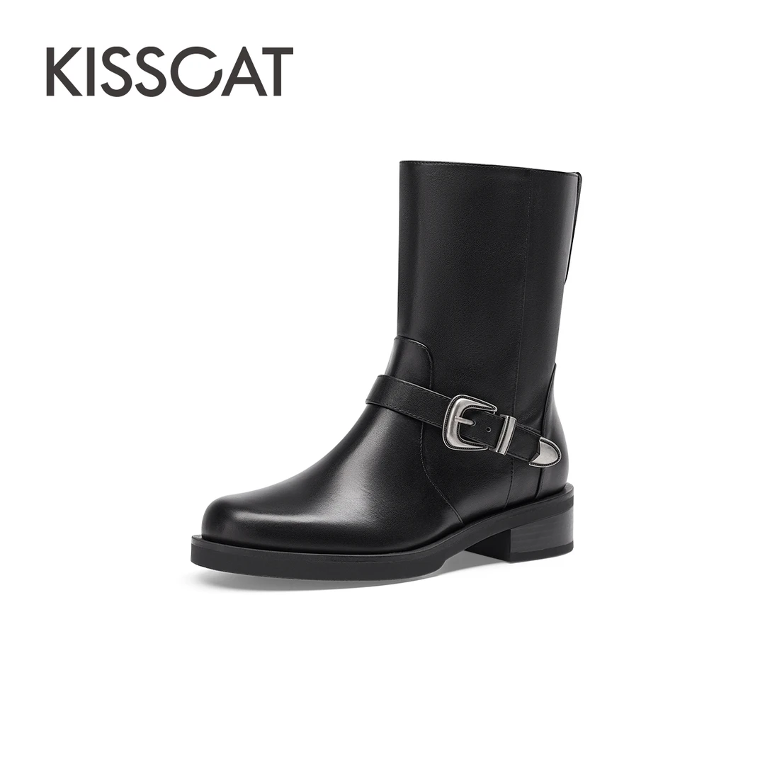 【众心专属】接吻猫新款机车粗跟时装靴真皮中筒西部靴女KA54711-51