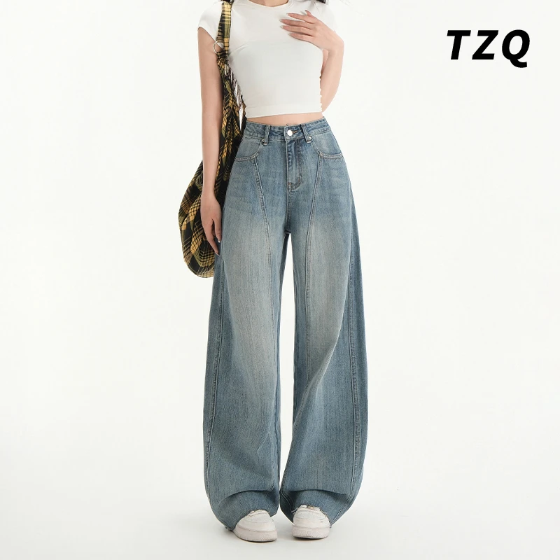 美式复古高腰阔腿弯刀裤女设计感镰刀裤宽松显瘦牛仔裤TZQ2520703