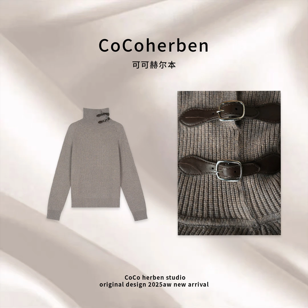 CocoHerben女毛针织衫高领抽绳通勤衫半高领灰色高领毛HBX027