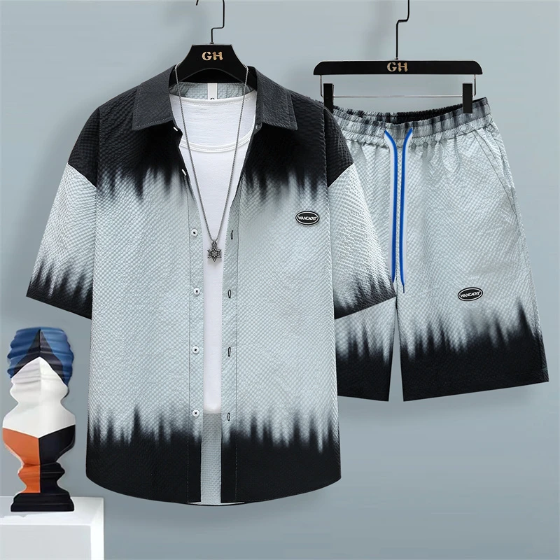 渐变男士短袖衬衫套装2025夏季时尚休闲五分袖衣服印花衬衣两件套