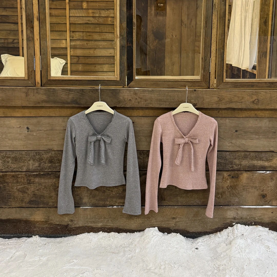 【赵小小&珍妮日记】8616 法式蕾丝V领系带修身纯欲风针织衫上衣女