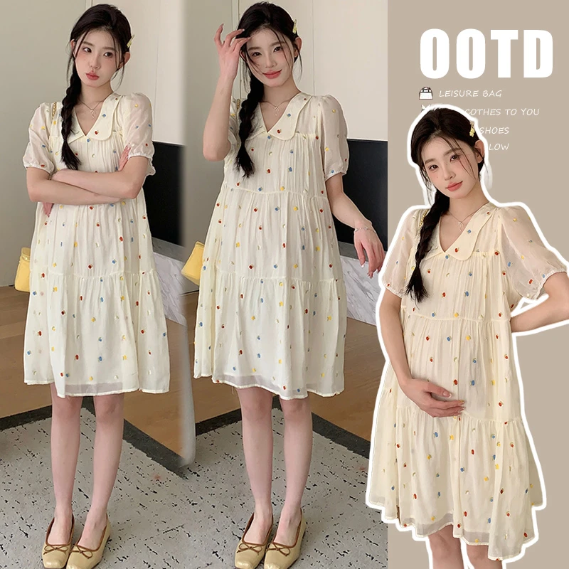 孕妇减龄夏装新款孕妈清爽透气刺绣宽松连衣裙