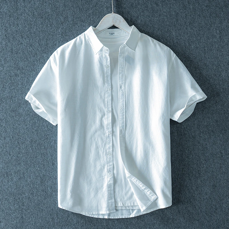 迪比娅夏季薄款棉麻小领短袖衬衫男士宽松白色方领亚麻半袖衬衣Y