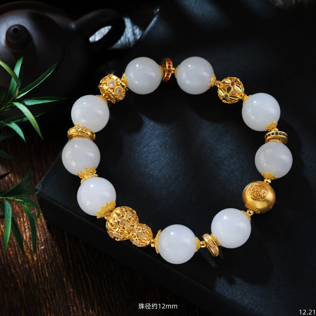 【金豆】霓裳||18K金花丝葫芦扎基貔貅羊脂白玉手串和田玉高阶E