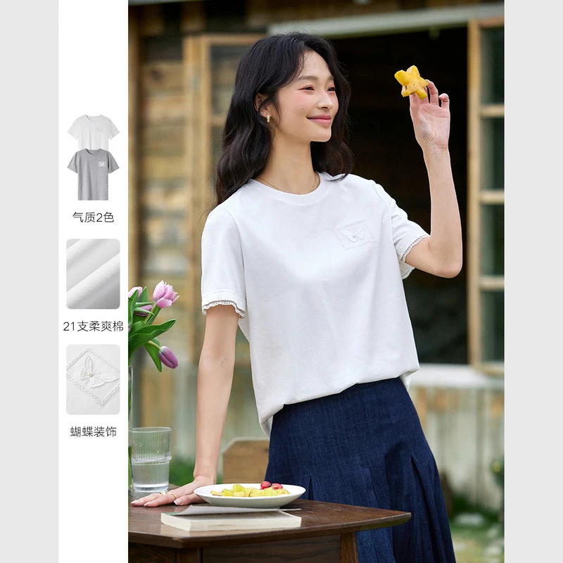 时尚休闲蕾丝花边短袖T恤女2025夏季新款圆领白色女t恤A1629