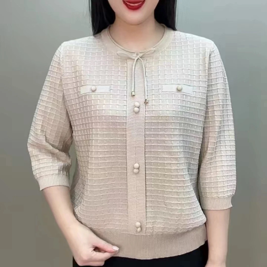 新款宽松遮肉七分袖纯色针织衫休闲百搭妈妈装