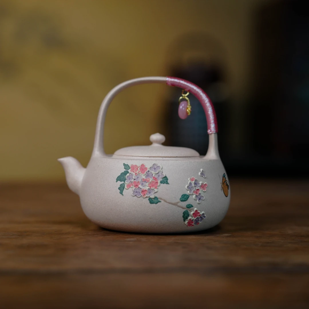 【见珊】绣球花钰生香提梁壶200cc，桃花泥，亦缶（窑云S0316）