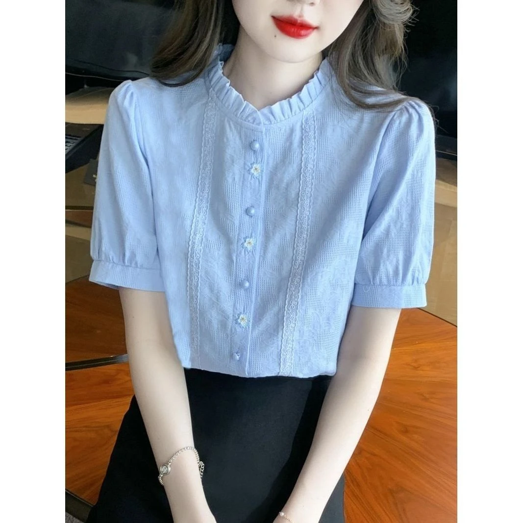夏季2025年新款女装立领纯棉衬衫女洋气全棉气质提花刺绣上衣短袖