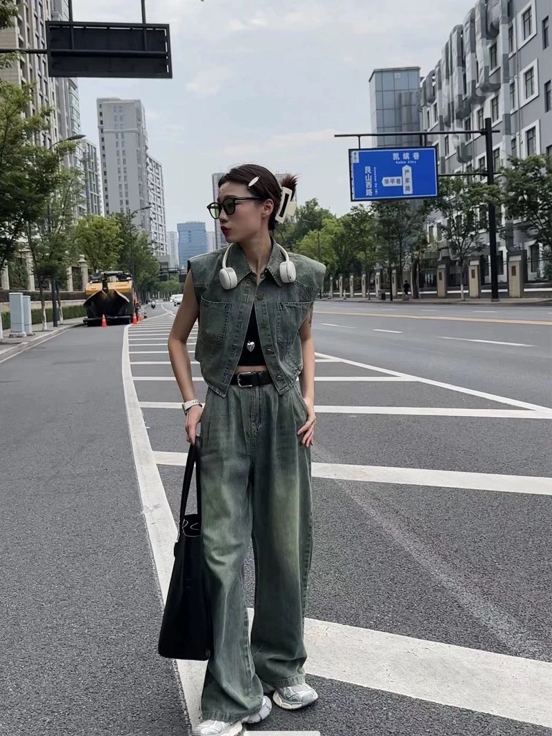 新款无袖牛仔套装送腰带女马甲高腰显瘦阔腿裤套装