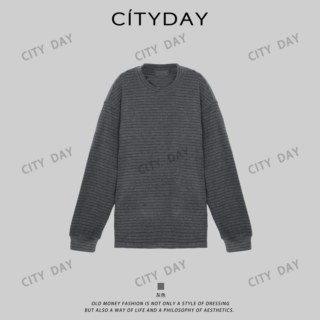 CityDay【灰叔】静奢羊毛-中性风慵懒条纹卫衣 990953