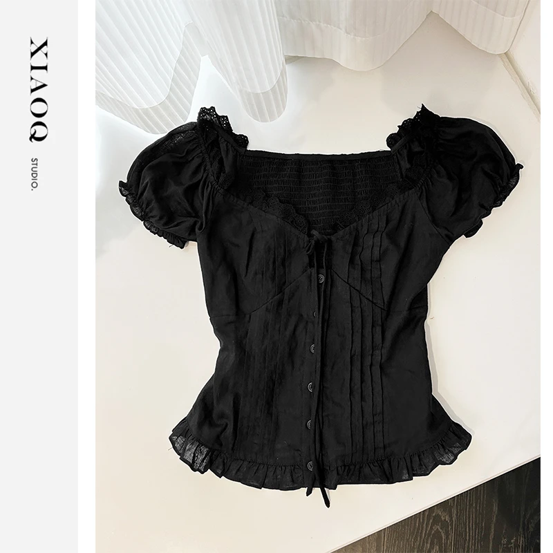 【小Q家】35896气质泡泡袖收腰短袖衬衫