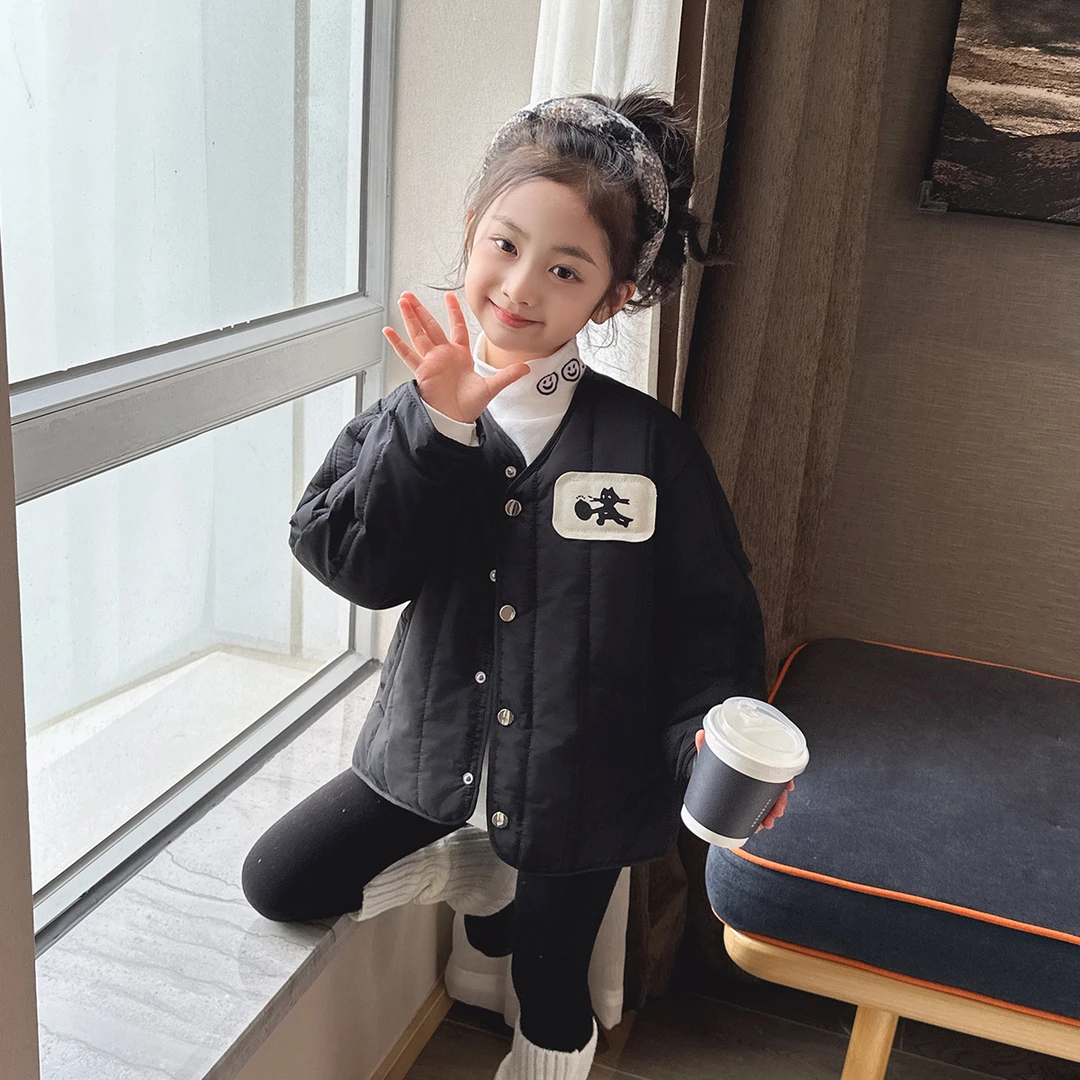 圆领半开领日式休闲加绒女童棉袄棉服字母韩版短款