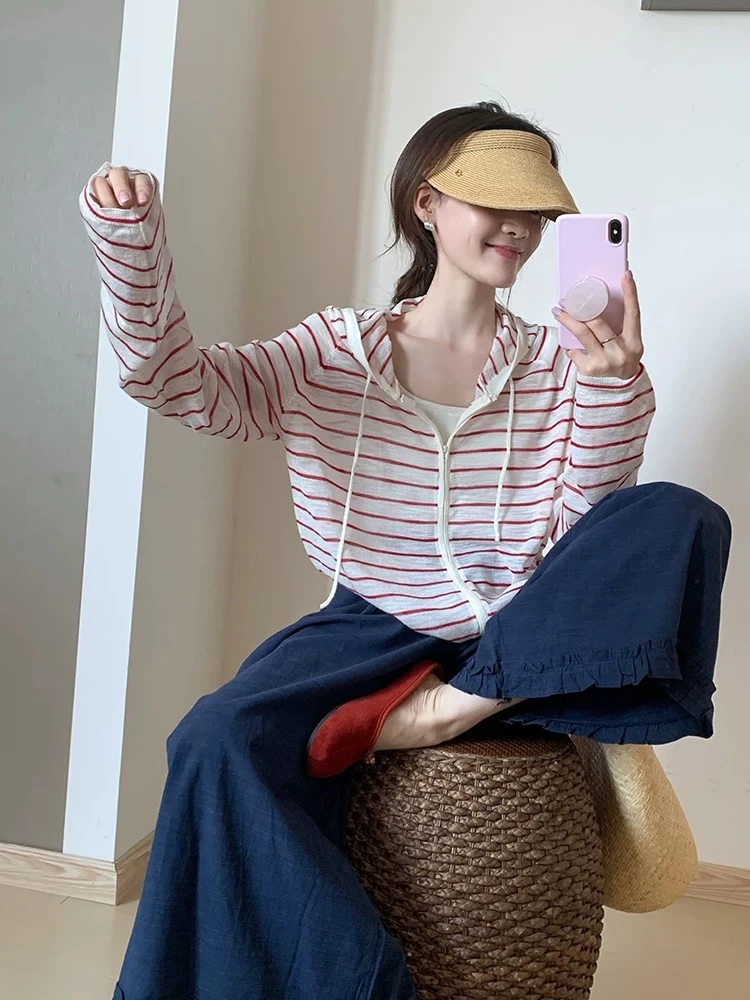 夏季新款韩版连帽拉链针织开衫女清爽透气竹节麻冰丝长袖防晒外套