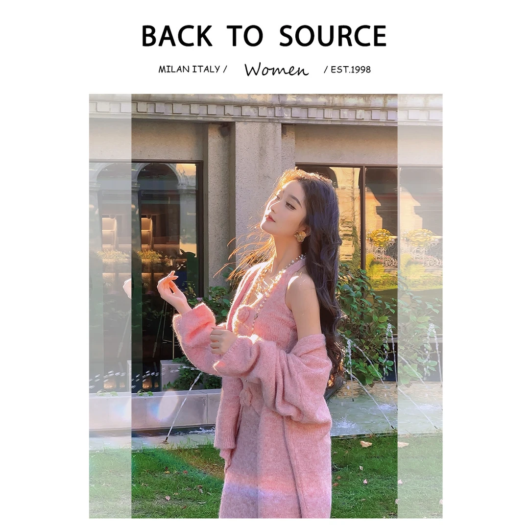 百亿【月下山茶花三件套】独特绝美花朵上衣套装秋冬毛衣三件套