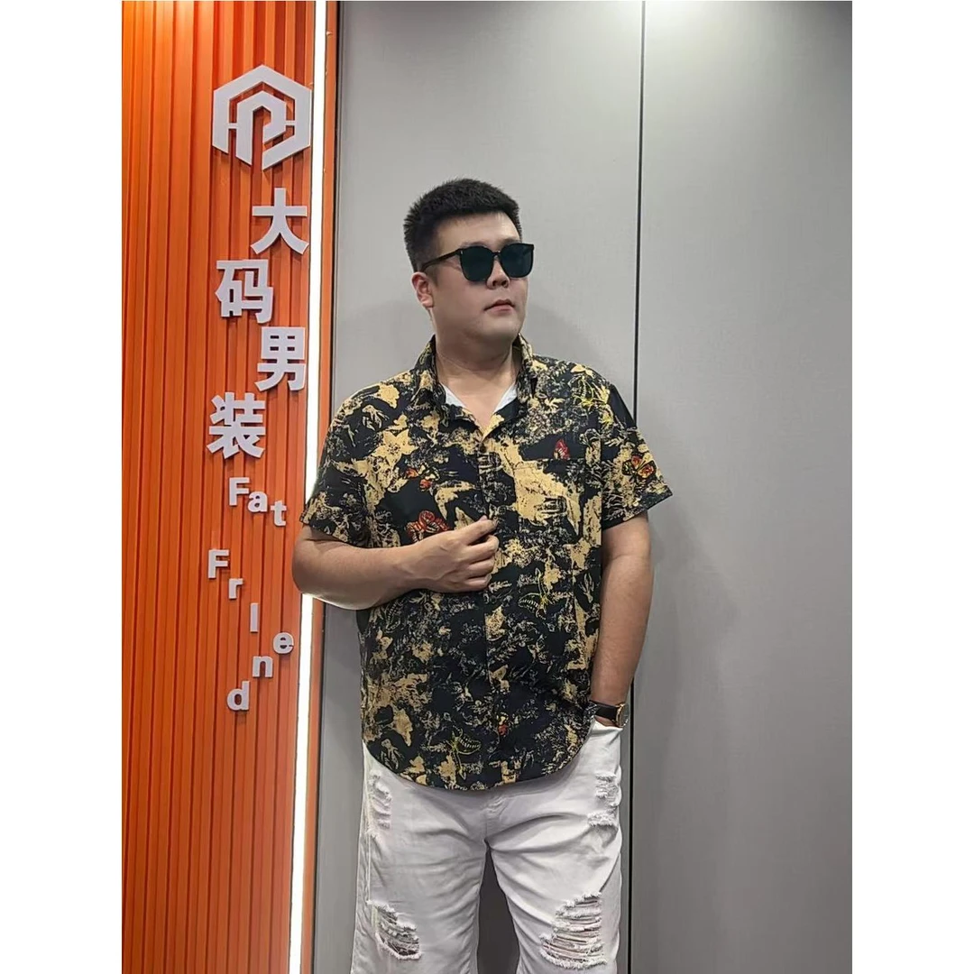 大码速干弹力花色时尚夏季男士休闲半袖衬衣百搭潮流528