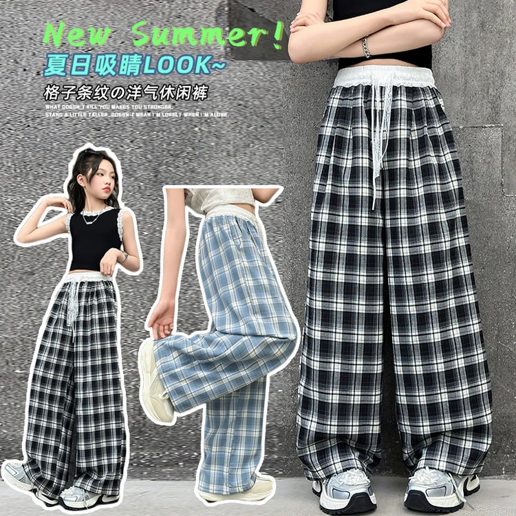 女孩女童夏季薄款新款格子阔腿裤新款蕾丝抽绳高腰垂感宽松型裤子