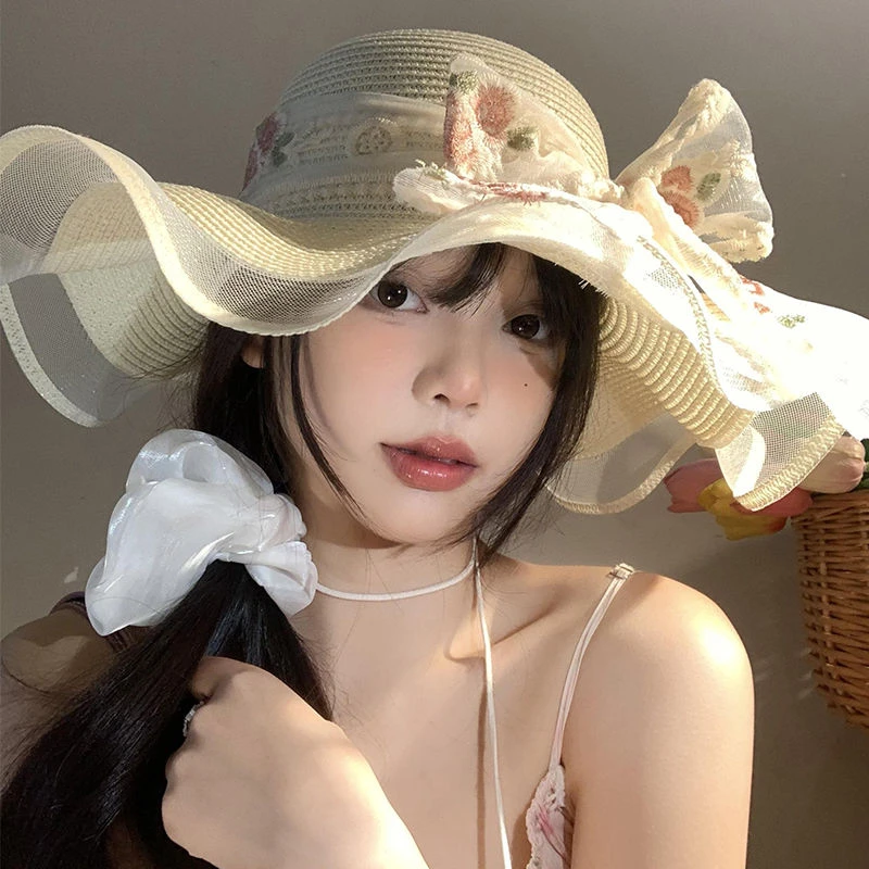 波浪边蕾丝蝴蝶结草帽女夏法式大帽檐遮阳防晒帽海边度假太阳帽子