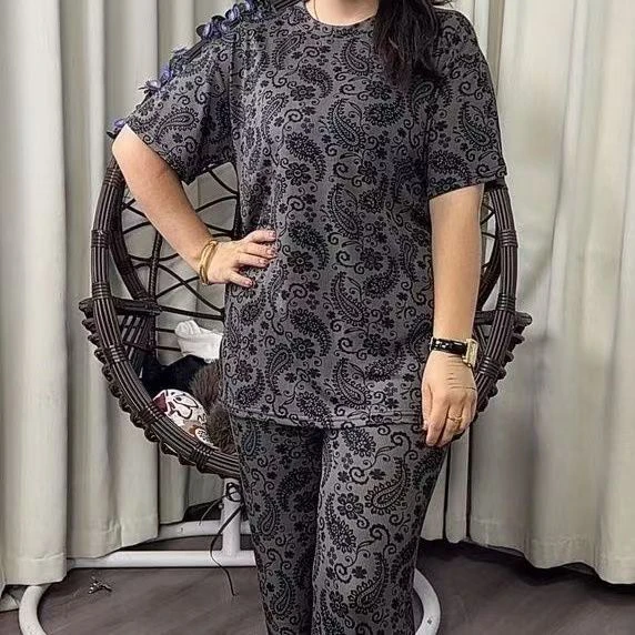 1880夏季复古印花阔腿裤时尚洋气宽松显瘦女装套装