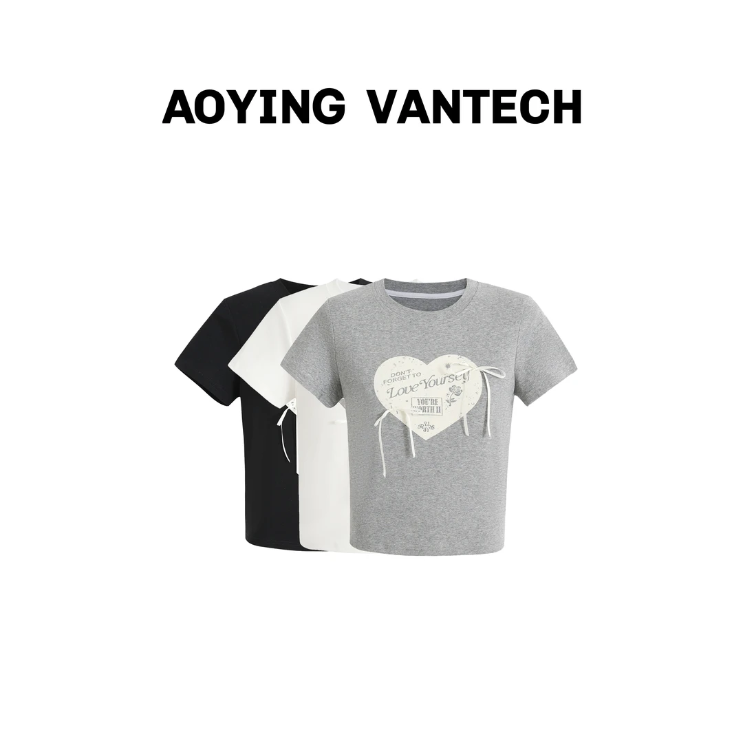 AOYING VANTECH 【云朵慕斯】复古喷画爱心立体蝴蝶结弹力短袖T恤