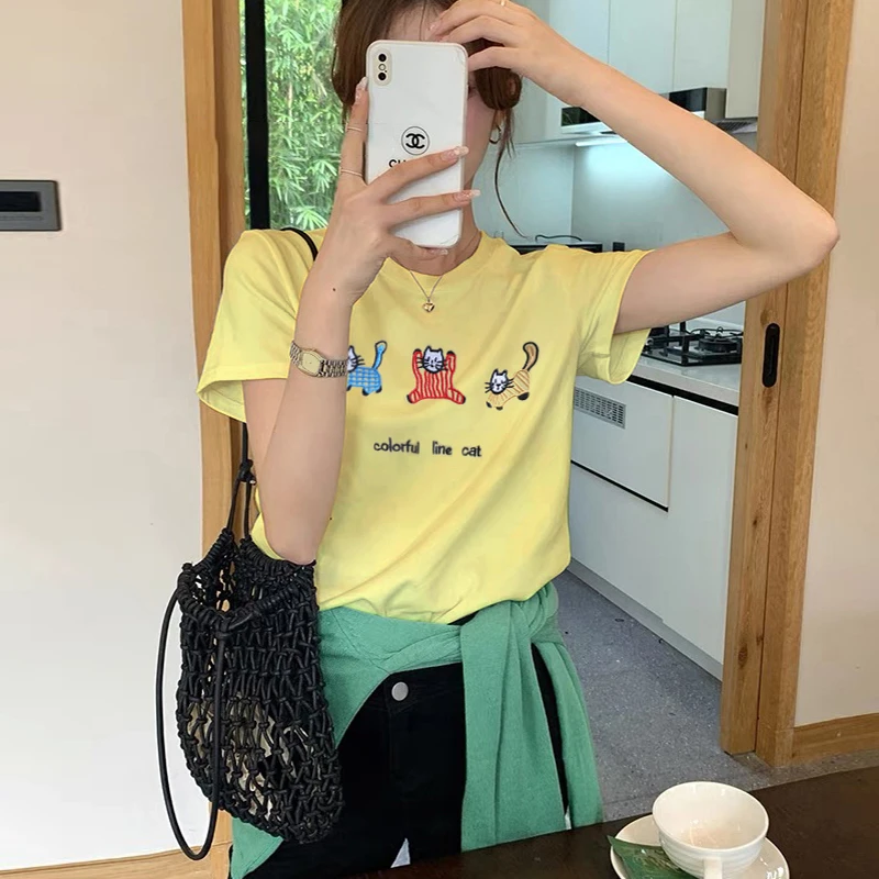 超好看小猫刺绣t恤女夏季正肩短袖韩版休闲简约百搭款女装上衣潮