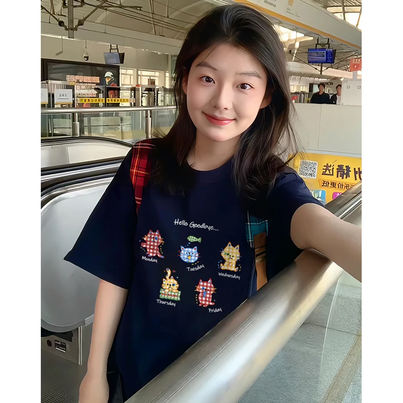 藏青色美式纯棉短袖t恤女夏季宽松可爱高街设计感小众情侣上衣潮