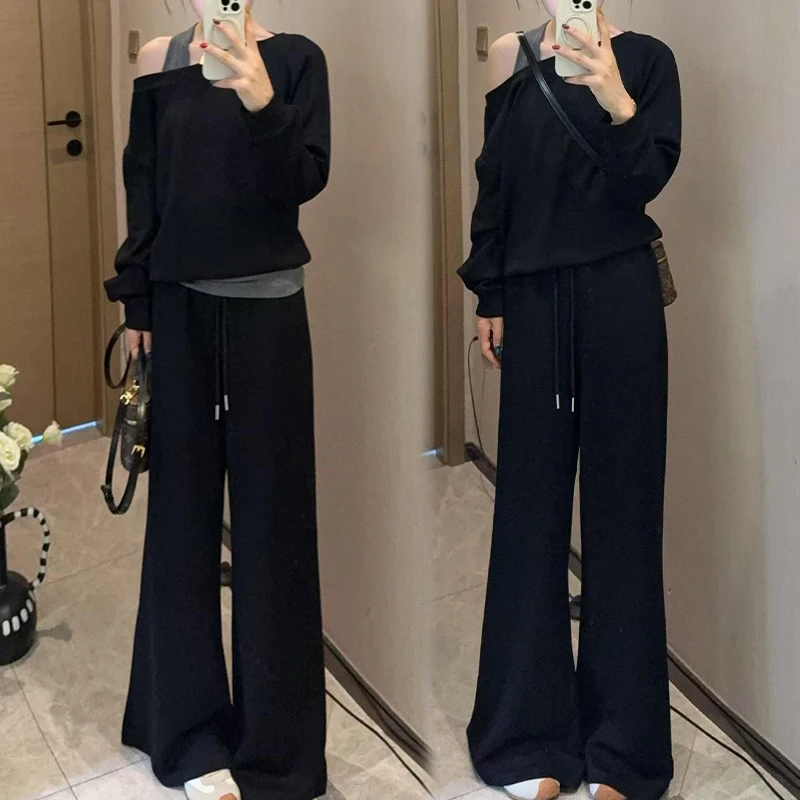欧货休闲时尚套装女2026春秋新款假两件露肩长袖卫衣阔腿裤两件套