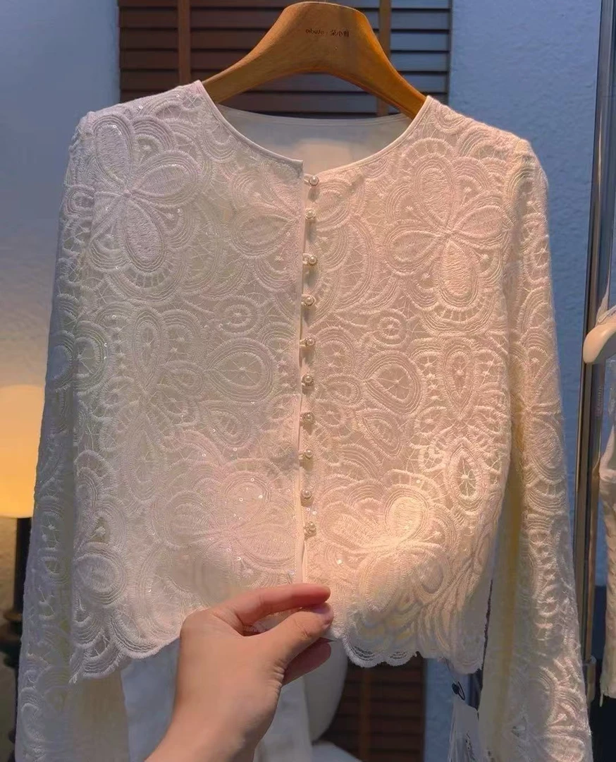C1155#高级感法式蕾丝镂空提花衬衫女