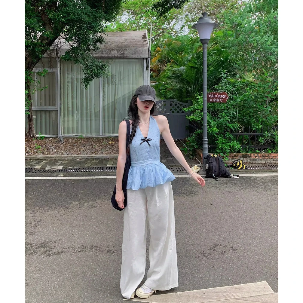 法式甜美风套装波点蝴蝶结挂脖背心女夏季高腰宽松阔腿长裤两件套