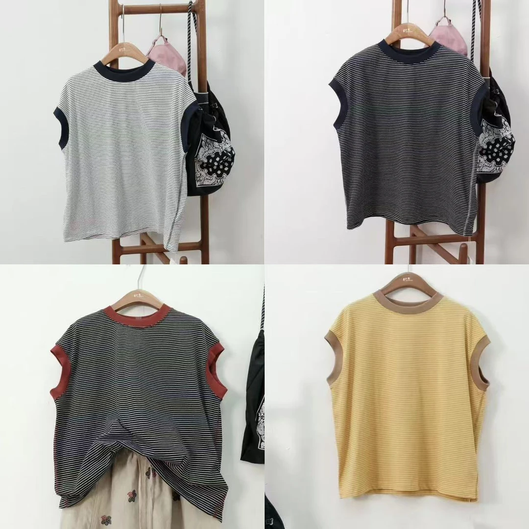 【禾女服饰】9913小横条拼色圆领包袖小衫T