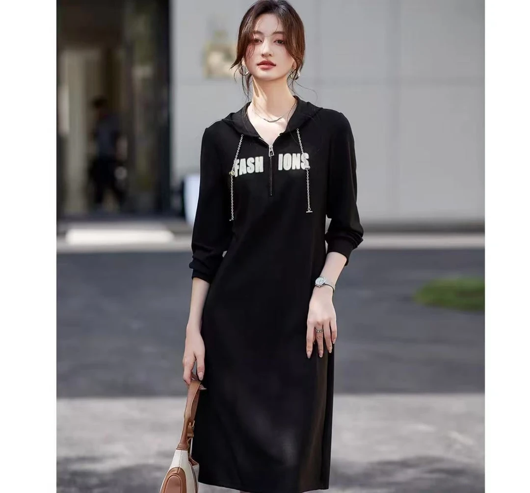 【JX3800黑色连帽春秋裙】M多多2025时尚优雅百搭春秋中长款连衣裙