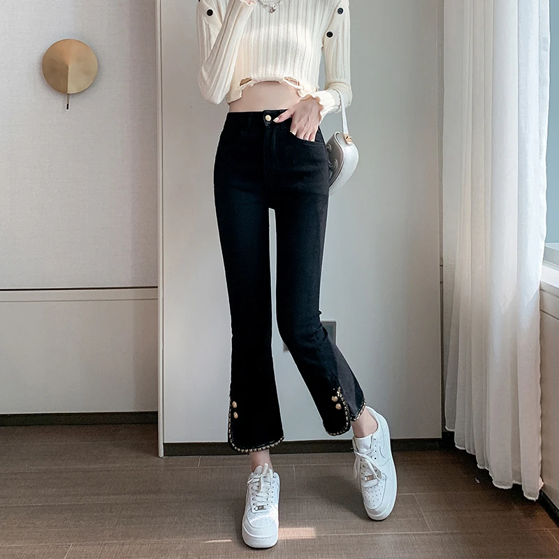 大码女装2025初秋季新款排扣微喇叭时尚高腰黑色开叉九分休闲裤女