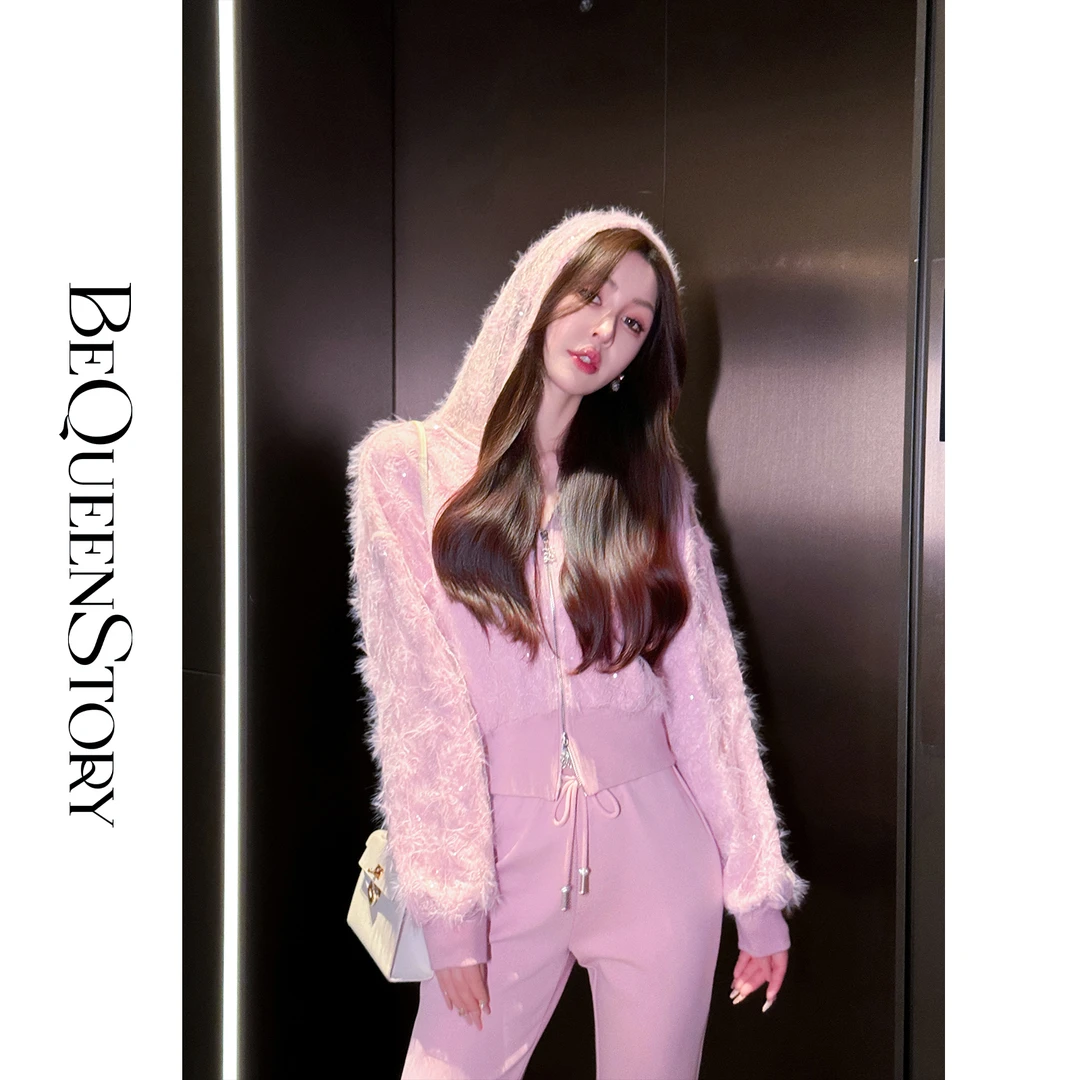 余潇潇【迷雾星辰】300g针织空气层棉感蕾丝连帽外套&微喇裤套装