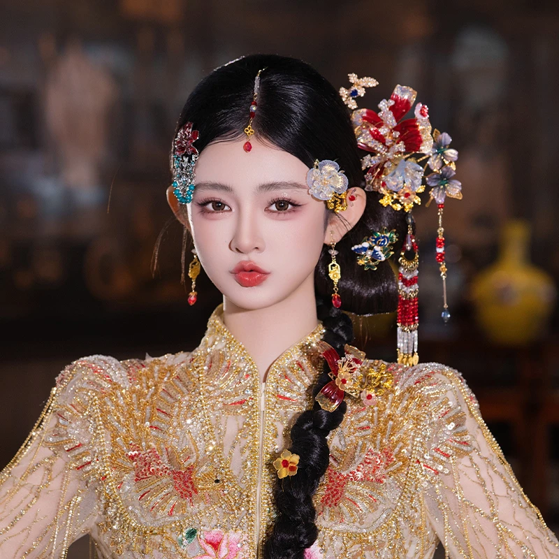 合金婚庆饰品 新娘婚礼古装汉服新中式手工发簪花朵秀禾头饰D0496