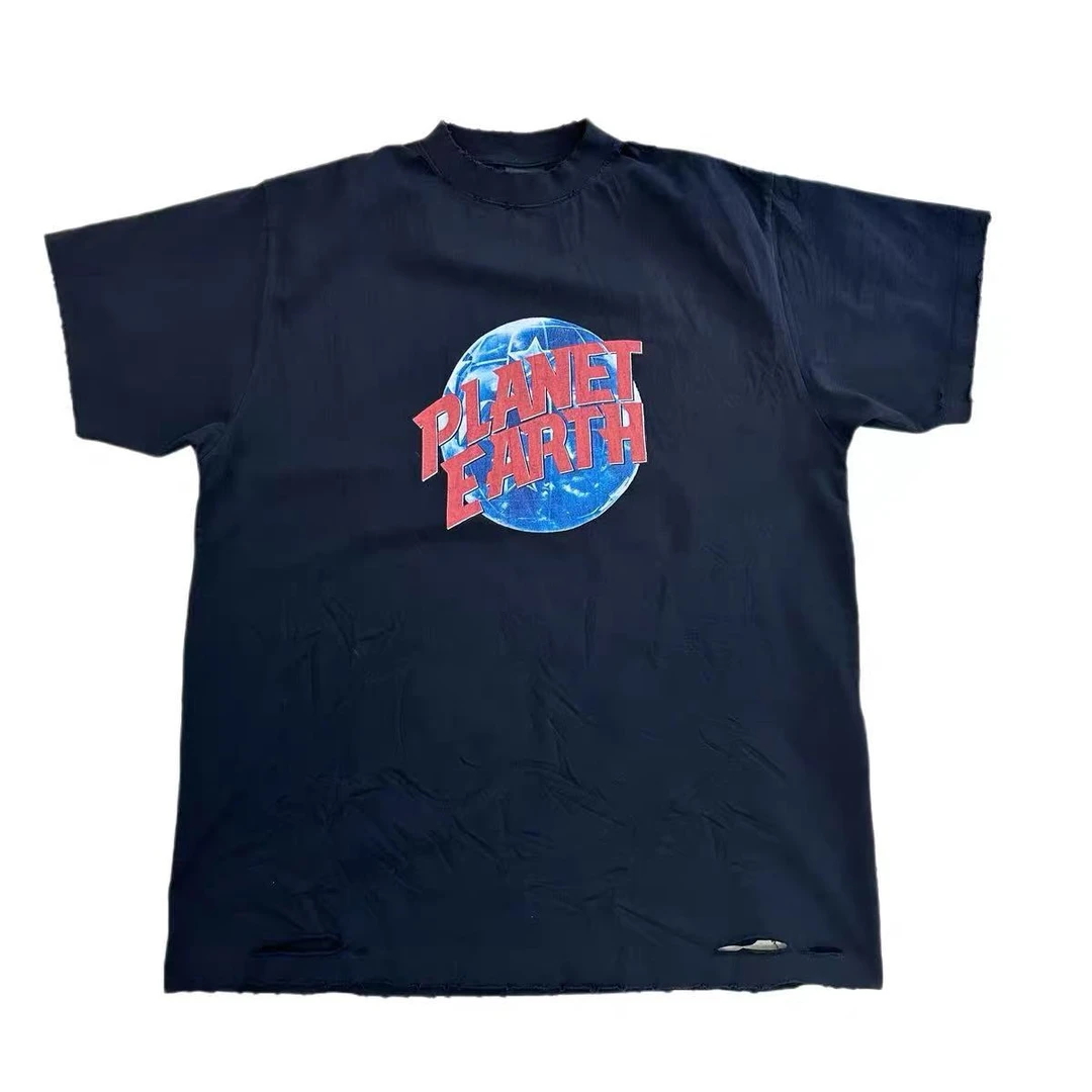 巴黎风格24SS宽松短袖T恤圆领地球印花图案男女同款破洞情侣款