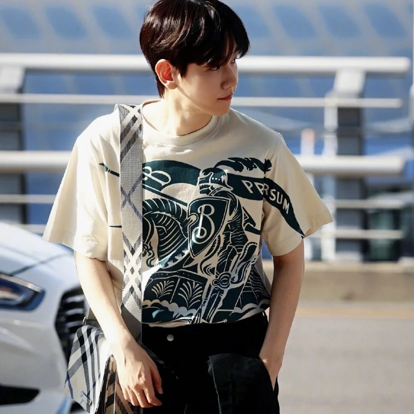 全新未使用 BURBERRY/博柏利 马术骑士徽标印花休闲短袖T恤米灰色