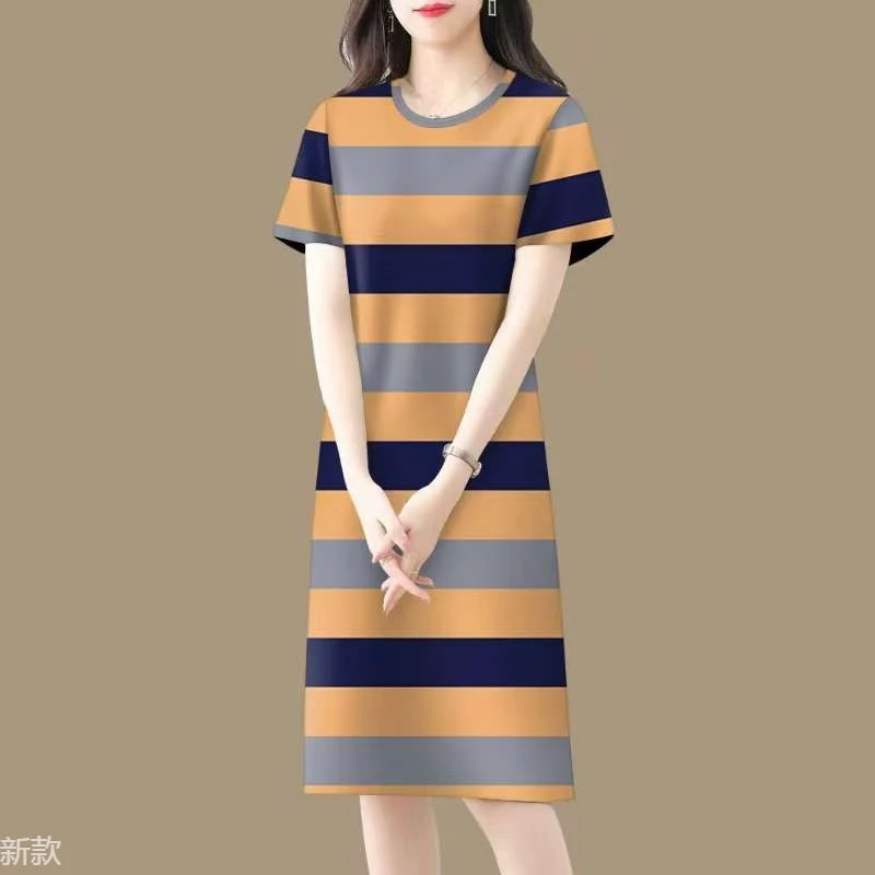 洋气百搭条纹连衣裙女2025新款夏季修身减龄短袖遮肚中长裙