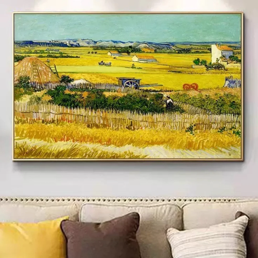 梵高名画《麦田》丰收时节油画复刻版画布面装饰挂画100×70厘米