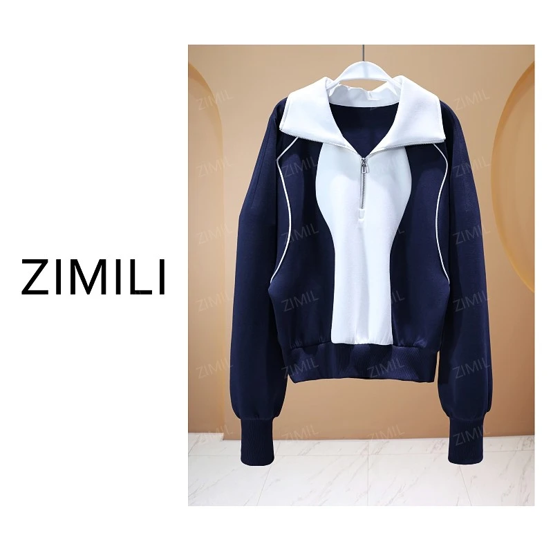 【亮哥欧货女装】2025冬季加厚《戚风》藏青色拼接运动卫衣6323-K8