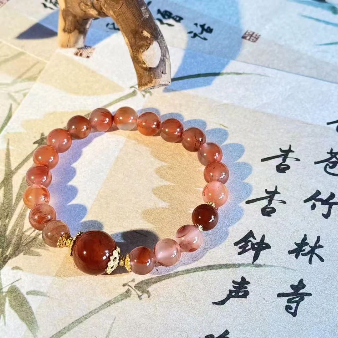 【桃之夭夭】15mm+川料南红玛瑙冰飘花意境满色单圈手串 多样性发一