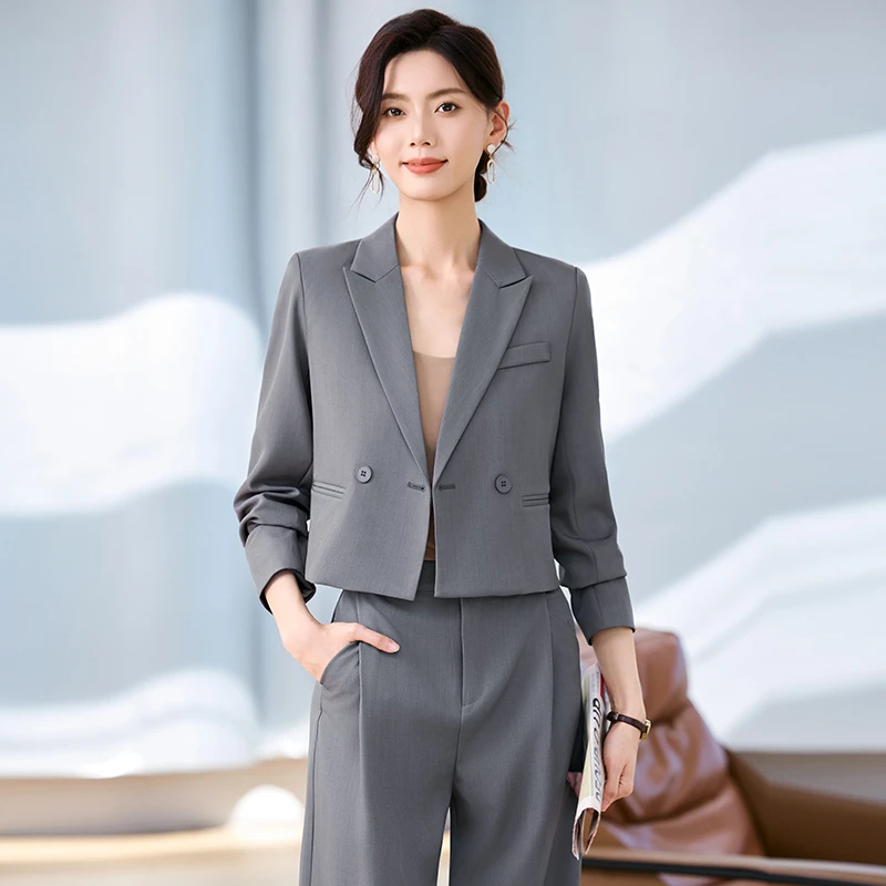 灰色西装套装女春秋2025新款气质女神范休闲名媛短款正装西服外套