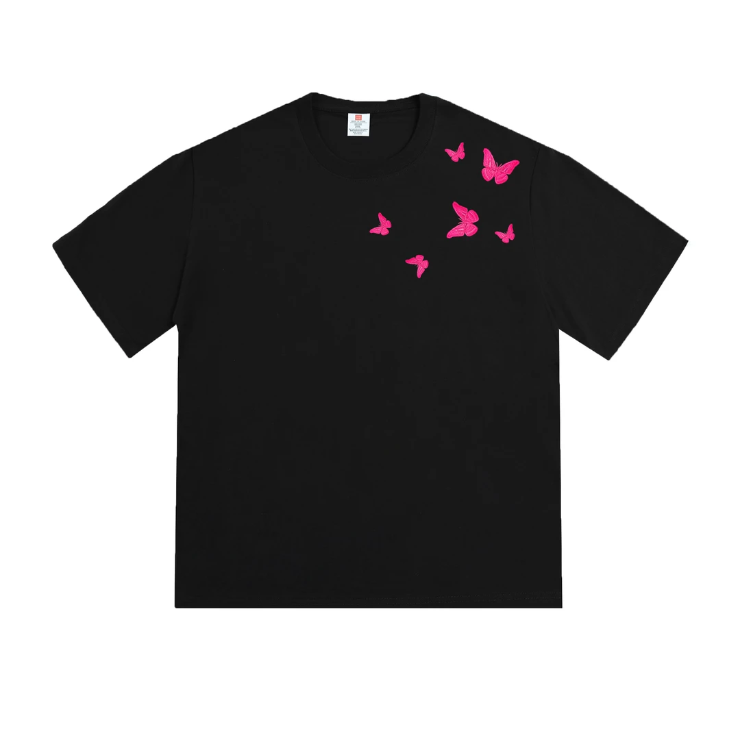 蝴蝶刺绣短袖t恤男女同款夏季衣服重磅240g休闲圆领100%纯棉半袖