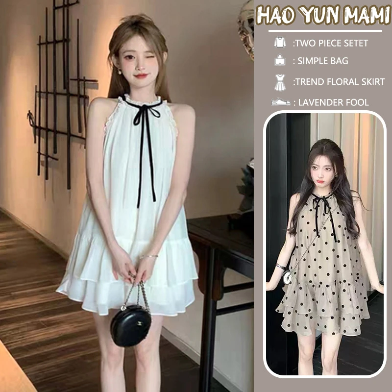 孕妇装2025新款挂脖短裙夏季气质波点露肩雪纺连衣裙