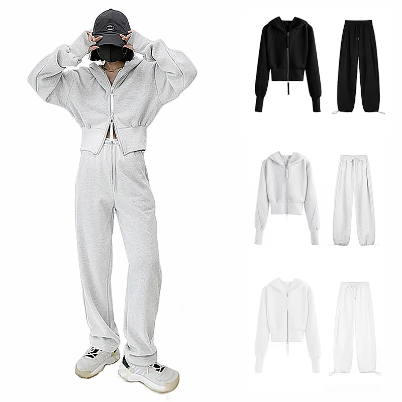 春秋新款休闲百搭连帽设计短款卫衣女套装TW3059